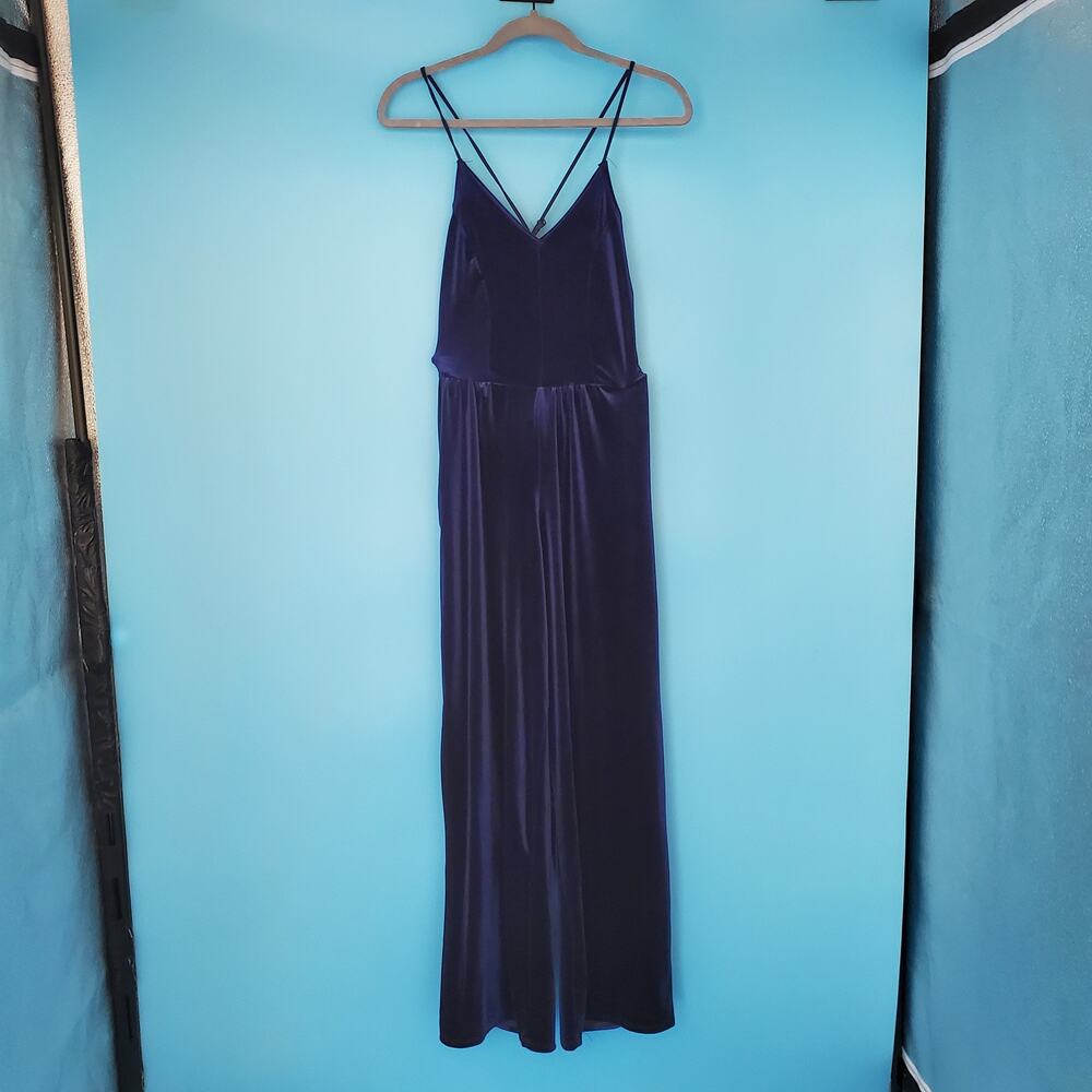 snap Jumpsuit Size Small Navy Blue Velvet Wide Leg V-Neck
